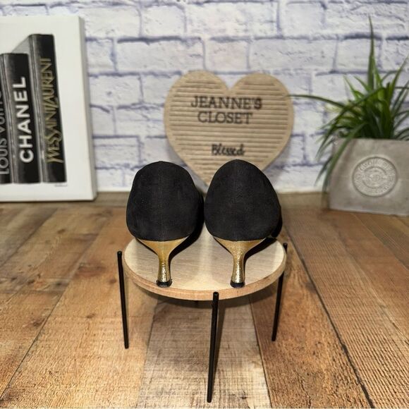 Zara black & gold kitten heel pointed toe pumps heels - Picture 7 of 10